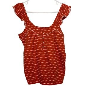 Lucky Brand M Red Orange Coral Dot Blouse Sleeveless Button Up Ruffle Top Tomato